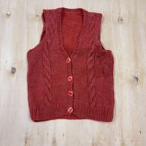 Handmade Sweater Vest Womens XS Red Cable Knit Button Front Cardigan Boho